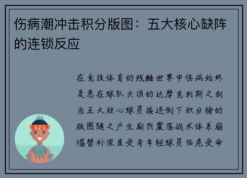 伤病潮冲击积分版图：五大核心缺阵的连锁反应